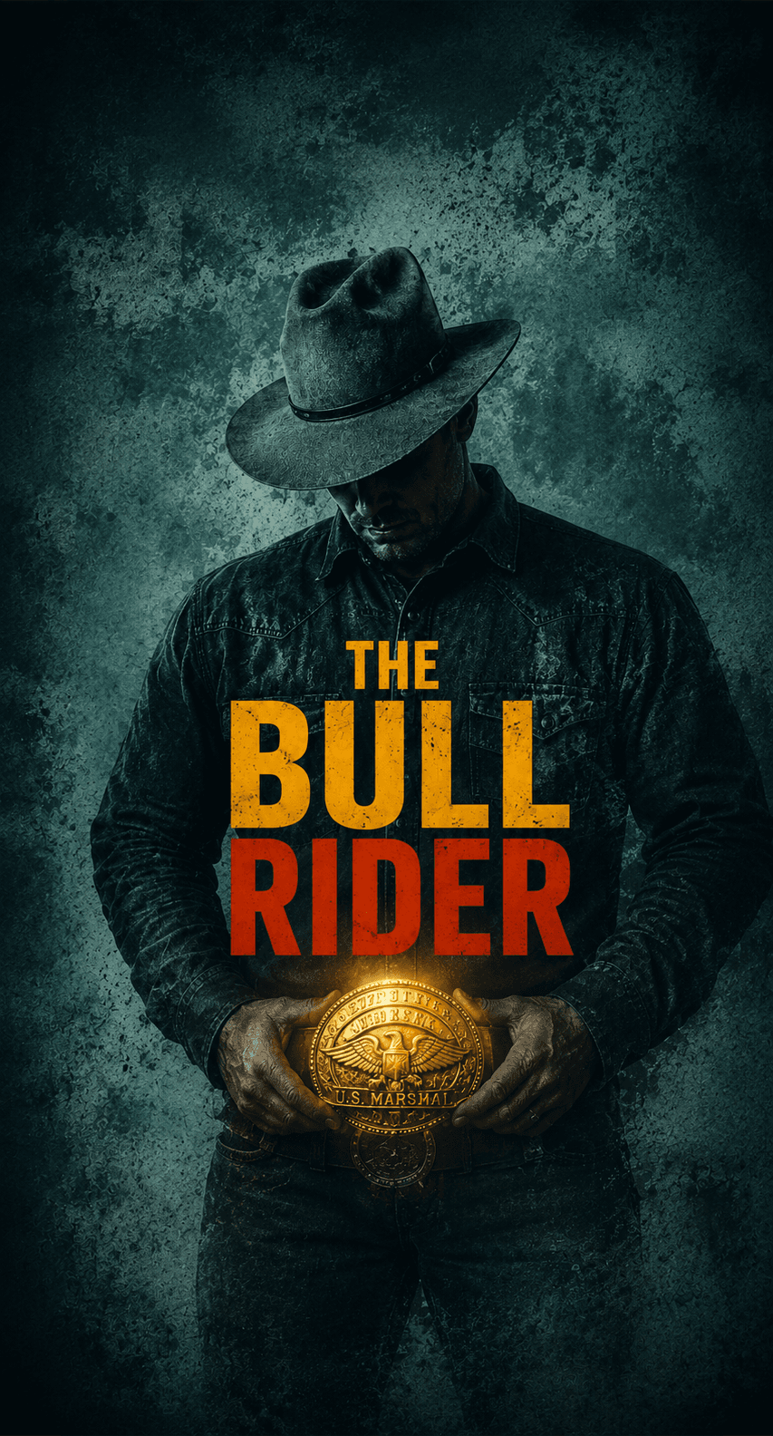 Un vaquero curtido sostiene una hebilla de campeón de rodeo con un brillo dorado. El título 'The Bull Rider' aparece en amarillo y ocre encendido sobre un campo de polvo y textura turquesa.